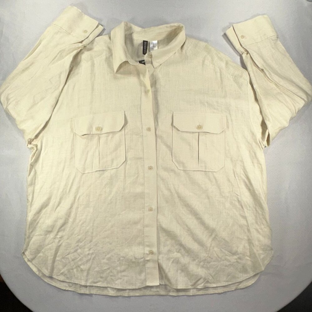 Divided H&M - Linen Blend Women's Button Shirt Long Sleeve Cream Size XL